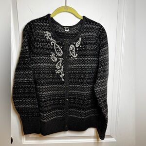 Eddie Bauer Wool Blend Fair Isle Beaded Cardigan Sweater | Size L